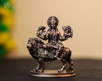 Durga Statue: 4" Bronze Finish Goddess on Lion Idol