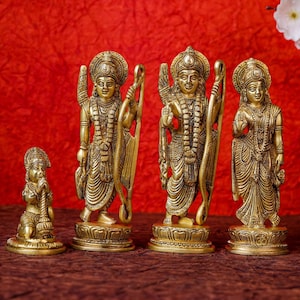 Brass Ram Darbar Statue: Rama, Sita, Laxman, Hanuman - 7 Inch