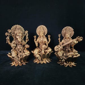 Brass Lakshmi Ganesh Saraswati Statue: Diwali Temple Decor, 8 Inch