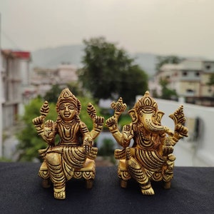 Lakshmi Ganesha - Lord Chowki Ganesh Lakshmi Brass idol for Diwali puja Decor Altar Decor Family Gift 3&quot; inch - Ganpati Idol with Laxmi Idol