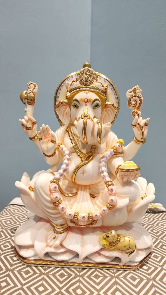 10.5 Inch Ganesha Statue: Marble Ganpati Idol, Entrance Decor