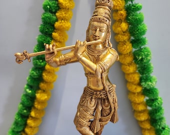 Flute Krishna Statue: 23" Brass Idol for Home Temple Decor