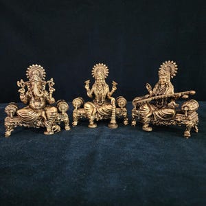 Brass Lakshmi, Ganesh, Saraswati Statue: Temple Mandir Decor, 4.5&quot;