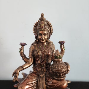 Bronze Finished Laxmi Statue: 7&quot; Hindu Goddess of Wealth