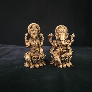 Lakshmi Ganesh Statue - 4 inch Premium Brass lakshmi ganesh sitting on lotus for Altar Temple and Home decor best family gift for diwali