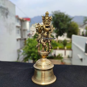 Brass Krishna Bell: 6&quot; Flute Idol for Pooja Temple