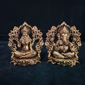 Lakshmi Ganesh Statue - 4 inch Premium Brass lakshmi ganesh sitting on lotus for Altar Temple and Home decor best family gift for diwali