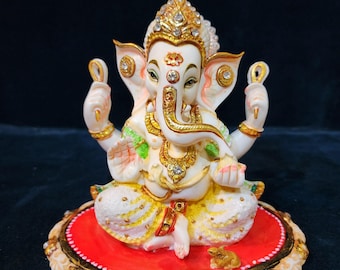 Estatua de Ganesha sentado: Ídolo de mármol pintado a mano de 14 cm (5,5 pulgadas)
