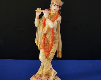 Estatua de Krishna: Ídolo de 25 cm con acabado de mármol para altar y templo