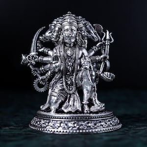 Silver Finished Brass Panchmukhi Hanuman Statue - 4.5&quot; Altar Temple Sculpture
