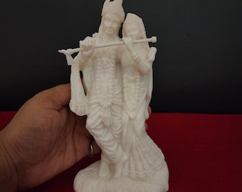 Radha Krishna Statue: White Divine Couple Idol with Flute (7 inch)