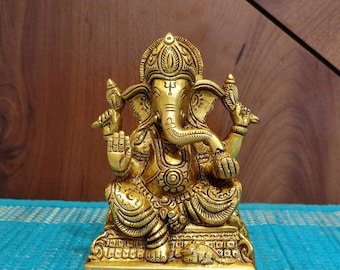 Brass Lord Ganesh Statue, Hindu Elephant God Idol, 5 inch