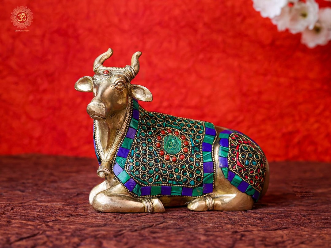 Nandi Statue 5 Inch Brass Nandi Idol With Stone Work for Temple Pooja