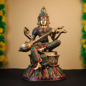 Saraswati Statue - 14.5&quot; inch Brass Saraswati Sculpture of Knowledge Music Sitting Saraswati with Veena - Education Goddess Art & Wisdom