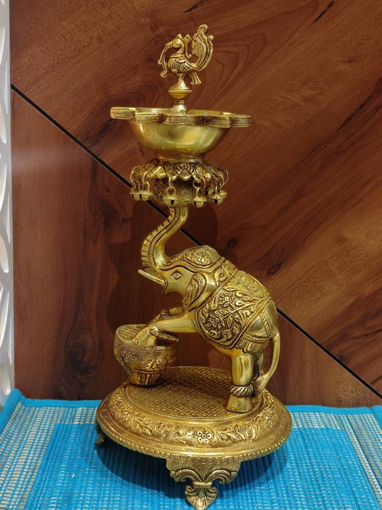 Brass Elephant Diya 18 Inch Oil Lamp for Home Temple Decor Idea Auspicious Diya Decor Brass Diya Stand Festival Decor Etsy