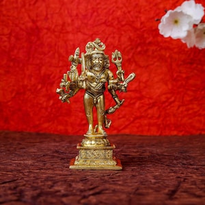 Brass Bhairava Statue - 5" inch Standing Lord Kala Bhairava with Dog vehicle (Vahana) for Your outdoor Decor - Helps to Overseas disease