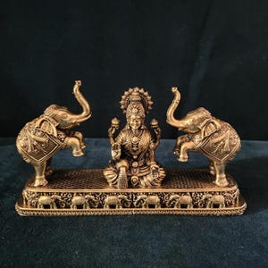 Brass Gajj Lakshmi Statue: Hindu Goddess of Wealth, 4.5 inch
