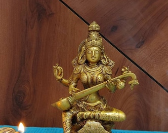 Saraswati Statue - 7.5" inch Brass Saraswati Sculpture of Knowledge Music Sitting Saraswati with Veena - Education Goddess Art & Wisdom