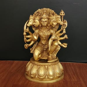 Brass Panchmukhi Hanuman Statue: 13 Inch Ramayana Sculpture