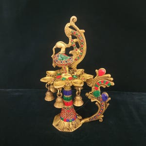 Brass Peacock Diya - 13 inch Diya Decor | Pooja Room Decor Idea | Oil burner | Brass Peacock Burner | Diya with small bell | Religious Decor