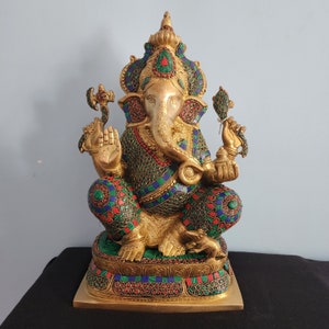 Ganesha idol - 16 inch | Brass Lord Ganesha Statue | coral Turquoise inlay stone work | Housewarming Gift | New Beginning | Gift for her