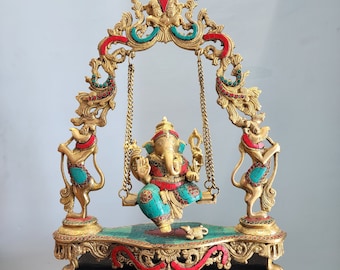 Messing Swinging Ganesha Statue: Stein Inlay, Diwali Decor