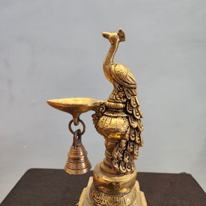 Brass Peacock Diya - 10 inch Diya Decor | Pooja Room Decor Idea | Oil burner | Brass Peacock Burner | Diya with small bell | Religious Decor