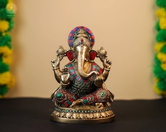 Mosaic Stonework Brass Ganesha Statue: Hindu Wedding Gift (8.5 Inch)