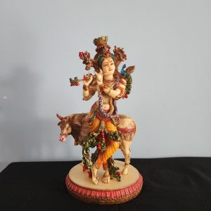 Colorful Krishna with Cow Statue - Hare Krishna Idol - 10.5 Inch