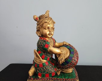 Krishna Statue - Baby Krishna Statue God of Love krishna brass 7.5" inch idol for Altar Temple and Home decor - Laddu gopal