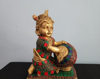 Krishna Statue - Baby Krishna Statue God of Love krishna brass 7.5" inch idol for Altar Temple and Home decor - Laddu gopal