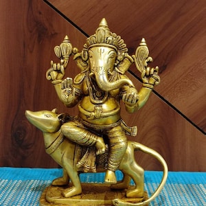 Ganesha-standbeeld - 8 inch Lord Ganesha met muiskar, geluksgod, messing baby-ganesh, cadeau-idee, figuur olifant god