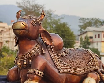 Brass Nandi Cow Statue: Shiva's Gatekeeper, Hindu Decor (10 inch)