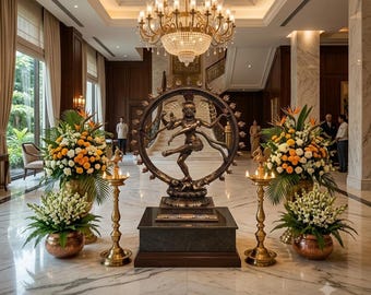 May include: An 18 inches Nataraja bronze statue depicting a dancing figure within a circular frame, mounted on a dark rectangular base. The statue is flanked by two tall brass oil lamps and large floral arrangements on a polished marble floor.