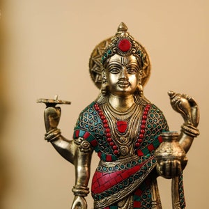 Brass Dhanvantari Statue: Hindu God of Ayurveda with Stone Work