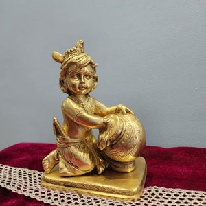 Brass Makhan Krishna Statue: Hindu God Idol, Home Temple Decor (7.5&quot; inch)