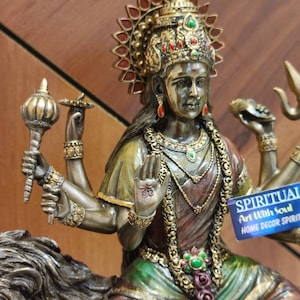 Durga Statue: 10&quot; Bronze Finish Hindu Goddess on Lion