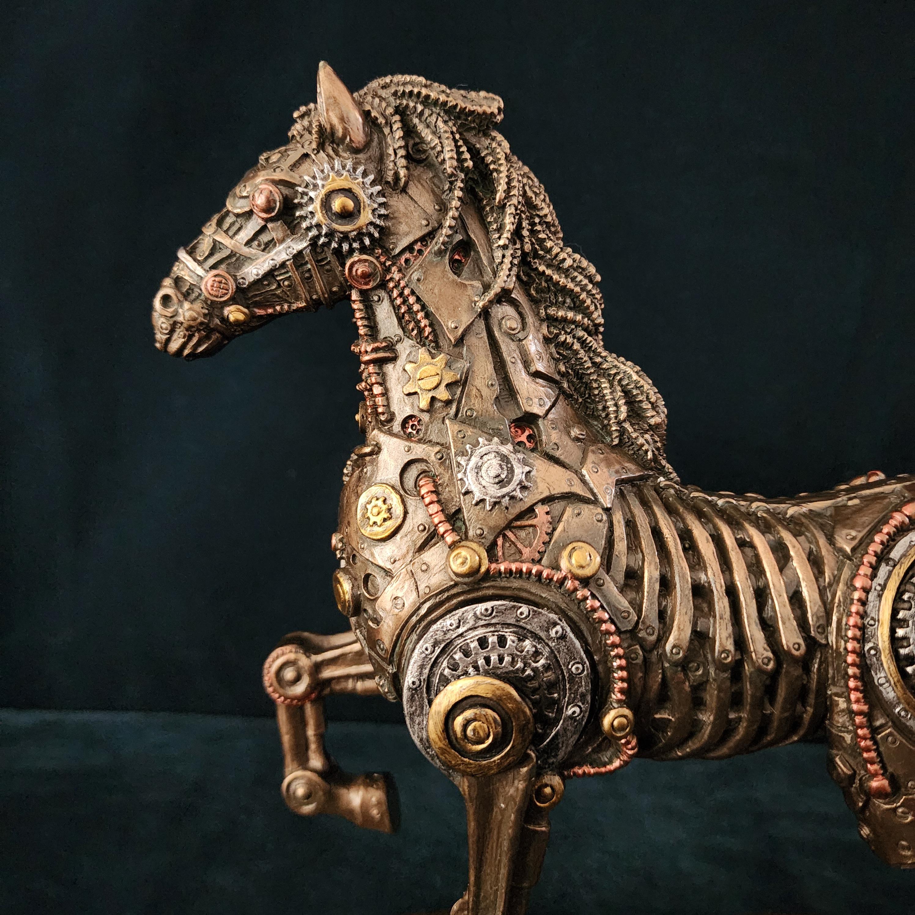 スチームパンクな馬の像：ブロンズ製の機械式ロボット装飾（9.5インチ