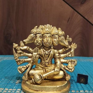 Brass Panchmukhi Hanuman Statue - 4 Inch Altar Temple Sculpture
