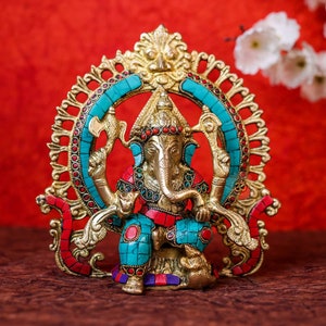 Brass Ganesha Statue: Good Luck God Ganpati Idol with Stone