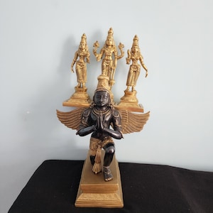 Vishnu Statue -17 inch Brass Lord Vishnu Narayana seated on Garuda with Bhudevi and Sridevi - King of Bird Creature , Devotee of Vishnu
