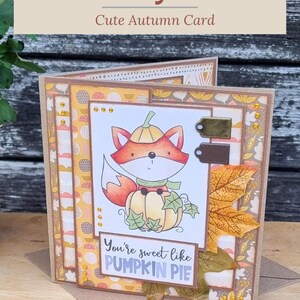 Peut inclure: Une carte d'anniversaire faite &agrave; la main repr&eacute;sentant un renard de dessin anim&eacute; portant un chapeau citrouille et assis sur une citrouille. La carte porte l'inscription 'You're sweet like PUMPKIN PIE' et est orn&eacute;e de papier &agrave; motifs, de petites &eacute;tiquettes en m&eacute;tal et d'une grande feuille d'automne en tissu.