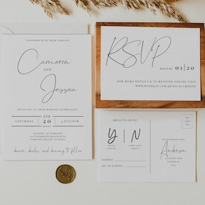 JENNA | Conjunto de convites de casamento impressos – Convite minimalista moderno A7 + cartão postal RSVP – Texto personalizado em papel cartão premium