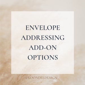 May include: A white square with the text "ENVELOPE ADDRESSING ADD-ON OPTIONS" and the text "@KOONDELDESIGN" below. The square is on a background of beige, fluffy, dried grass.