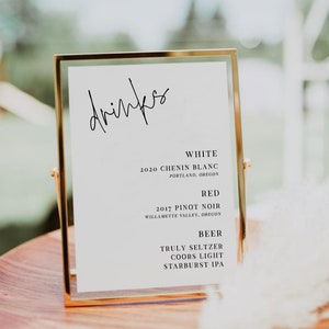 LAURA | Bar or drink list sign for wedding with gold or rose gold frame available. beer wine cocktail sign for weddings and events