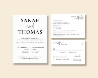 ARIA / Juego de invitaciones de boda impresas, tarjeta adjunta y tarjeta de confirmación de asistencia, con sobre blanco incluido. Juego de invitaciones de boda sencillo.