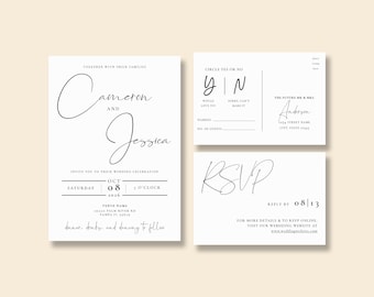 JENNA / Juego de invitaciones de boda impresas – Invitación moderna minimalista tamaño A7 + Tarjeta de confirmación de asistencia – Texto personalizado en cartulina de alta calidad
