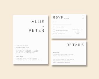 ANNA / Juego de invitaciones de boda impresas, invitación y tarjeta de confirmación de asistencia, colores personalizables, impresión en casa disponible, invitación de boda con confirmación de asistencia.