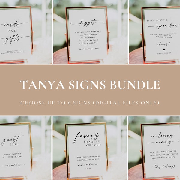 TANYA | Wedding Sign Bundle with 2 sizes available: cards & gifts, kippot, open bar, guestbook, favors, in loving memory. digital download