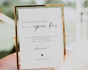 TANYA | Open Bar sign for wedding with gold frame. Floating 5x7&quot; gold frame.